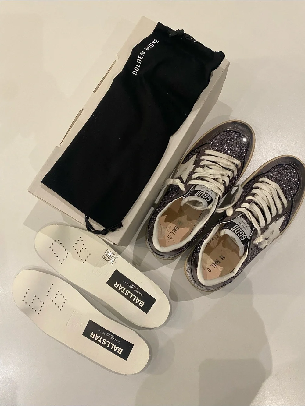 Golden Goose Ball Star Sneaker Gray/Purple/Glitter/Leather/White 38 New in Box